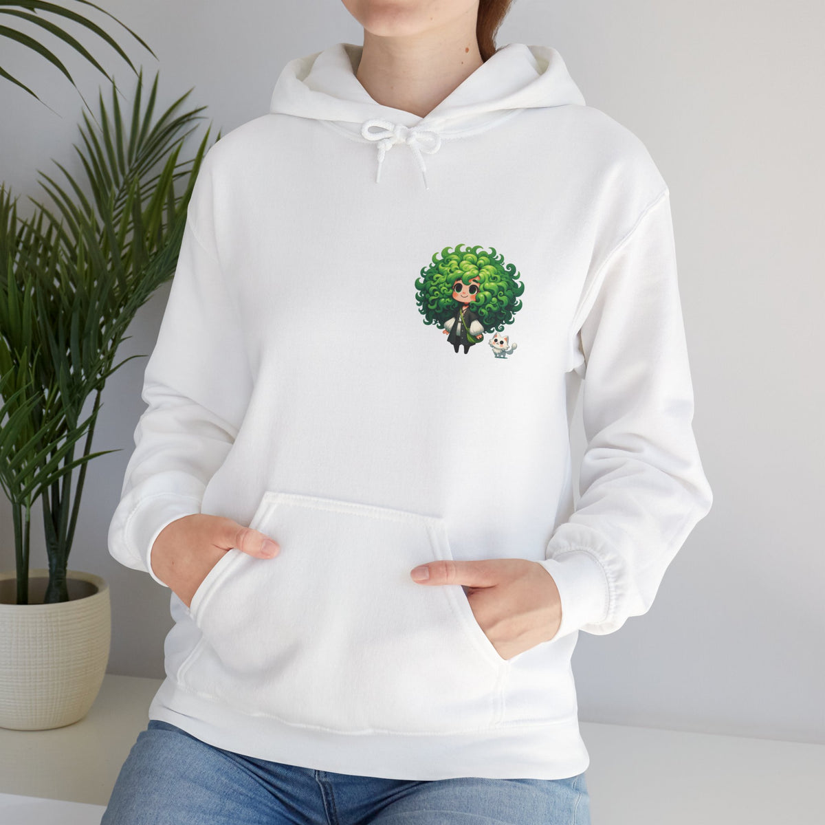 Green Hair Chibi Girl | Cute Anime Character | Kawaii Cat Companion Graphic | Unisex | Green Curly-Head Character Hooded