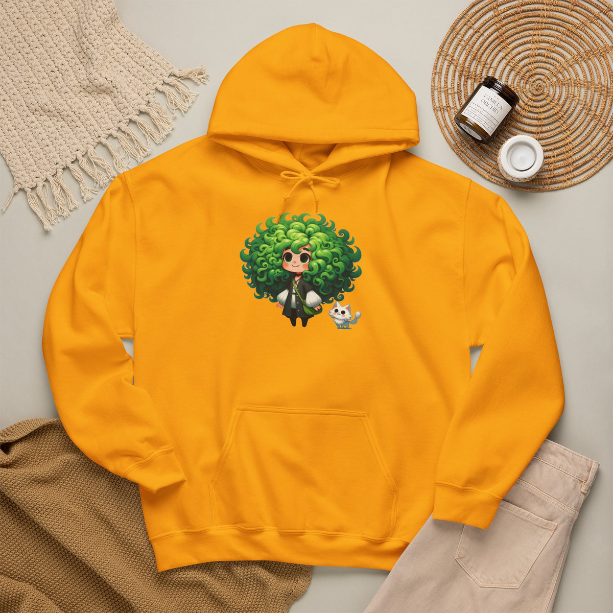 Green Hair Chibi Girl | Cute Anime Character | Kawaii Cat Companion Graphic | Unisex | Green Curly-Head Character Hooded