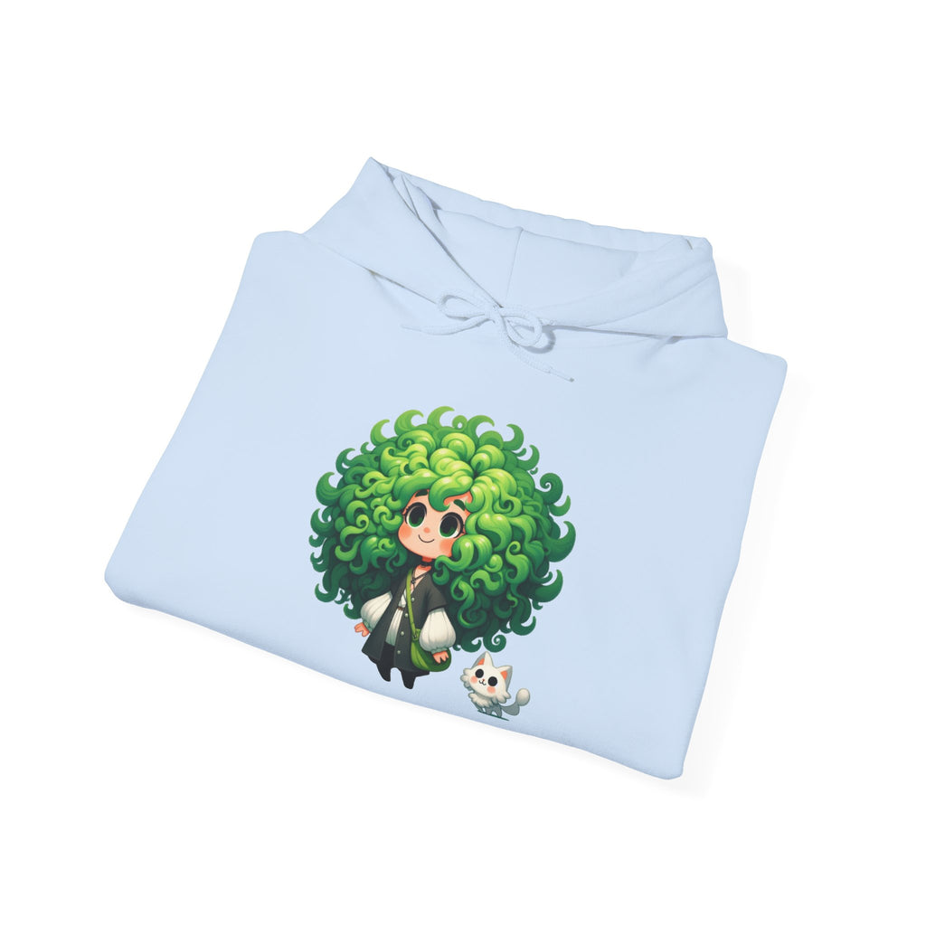 Green Hair Chibi Girl | Cute Anime Character | Kawaii Cat Companion Graphic | Unisex | Green Curly-Head Character Hooded