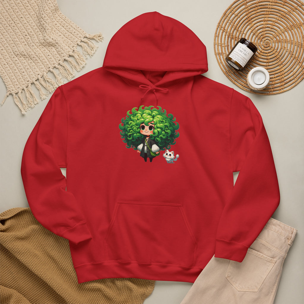 Green Hair Chibi Girl | Cute Anime Character | Kawaii Cat Companion Graphic | Unisex | Green Curly-Head Character Hooded