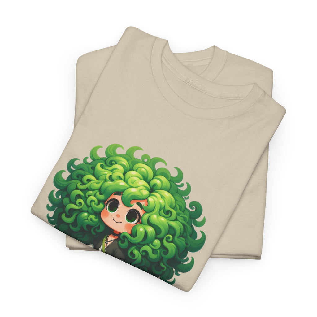 Cute Chibi Character T-Shirt | Big Green Hair Girl with Cat | Kawaii Anime Art Tee | Unisex | Green Curly Hair Girl Tee | Cute Cartoon Girl