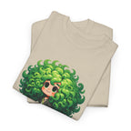 Cute Chibi Character T-Shirt | Big Green Hair Girl with Cat | Kawaii Anime Art Tee | Unisex | Green Curly Hair Girl Tee | Cute Cartoon Girl