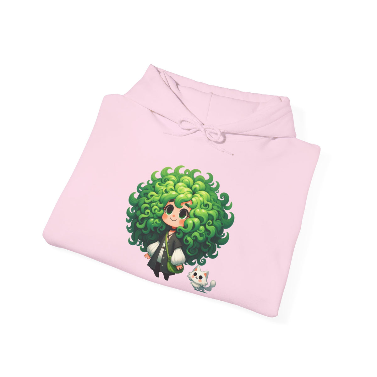 Green Hair Chibi Girl | Cute Anime Character | Kawaii Cat Companion Graphic | Unisex | Green Curly-Head Character Hooded