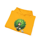 Green Hair Chibi Girl | Cute Anime Character | Kawaii Cat Companion Graphic | Unisex | Green Curly-Head Character Hooded