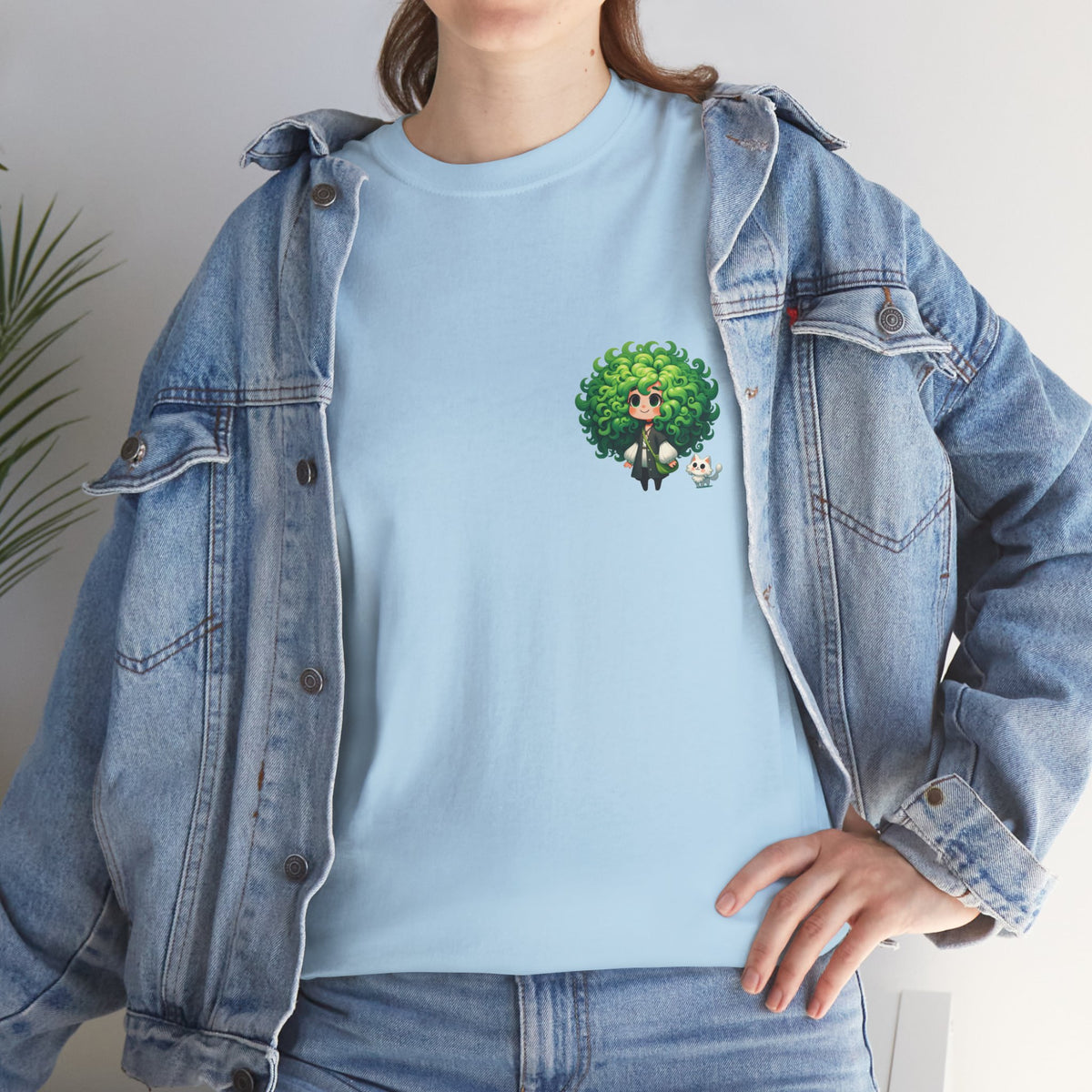 Cute Chibi Character T-Shirt | Big Green Hair Girl with Cat | Kawaii Anime Art Tee | Unisex | Green Curly Hair Girl Tee | Cute Cartoon Girl