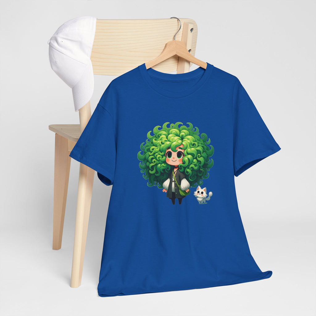 Cute Chibi Character T-Shirt | Big Green Hair Girl with Cat | Kawaii Anime Art Tee | Unisex | Green Curly Hair Girl Tee | Cute Cartoon Girl