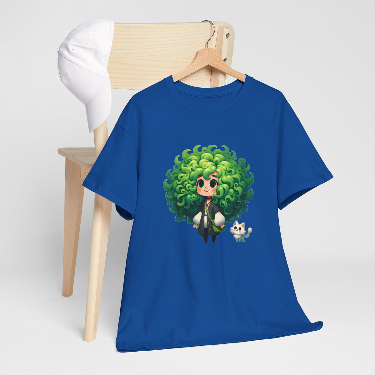 Cute Chibi Character T-Shirt | Big Green Hair Girl with Cat | Kawaii Anime Art Tee | Unisex | Green Curly Hair Girl Tee | Cute Cartoon Girl