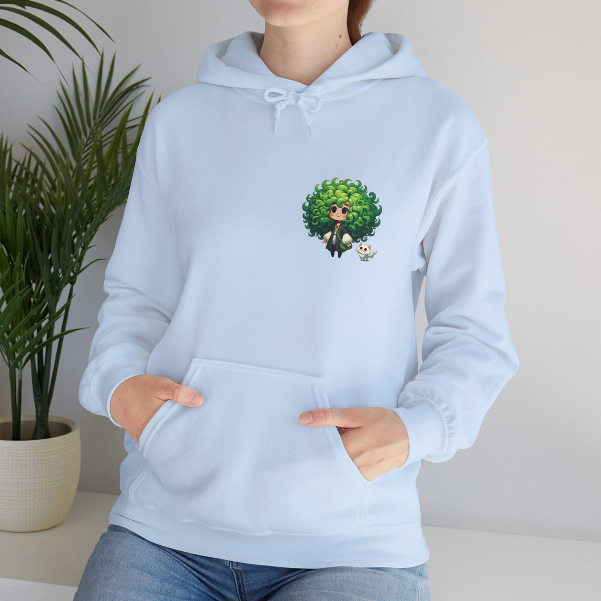 Green Hair Chibi Girl | Cute Anime Character | Kawaii Cat Companion Graphic | Unisex | Green Curly-Head Character Hooded