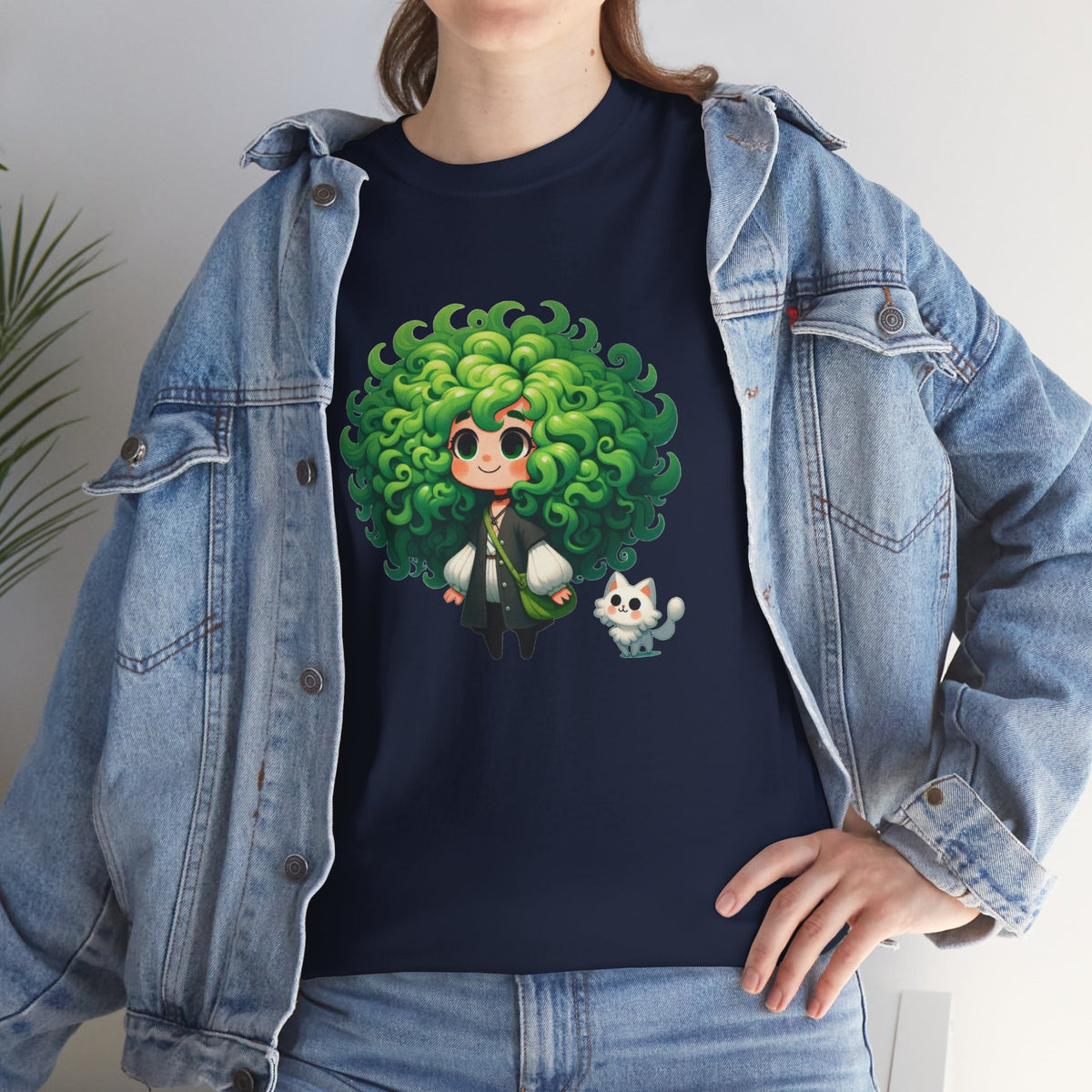 Cute Chibi Character T-Shirt | Big Green Hair Girl with Cat | Kawaii Anime Art Tee | Unisex | Green Curly Hair Girl Tee | Cute Cartoon Girl