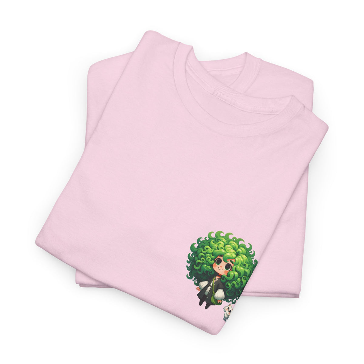Cute Chibi Character T-Shirt | Big Green Hair Girl with Cat | Kawaii Anime Art Tee | Unisex | Green Curly Hair Girl Tee | Cute Cartoon Girl