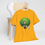 Cute Chibi Character T-Shirt | Big Green Hair Girl with Cat | Kawaii Anime Art Tee | Unisex | Green Curly Hair Girl Tee | Cute Cartoon Girl