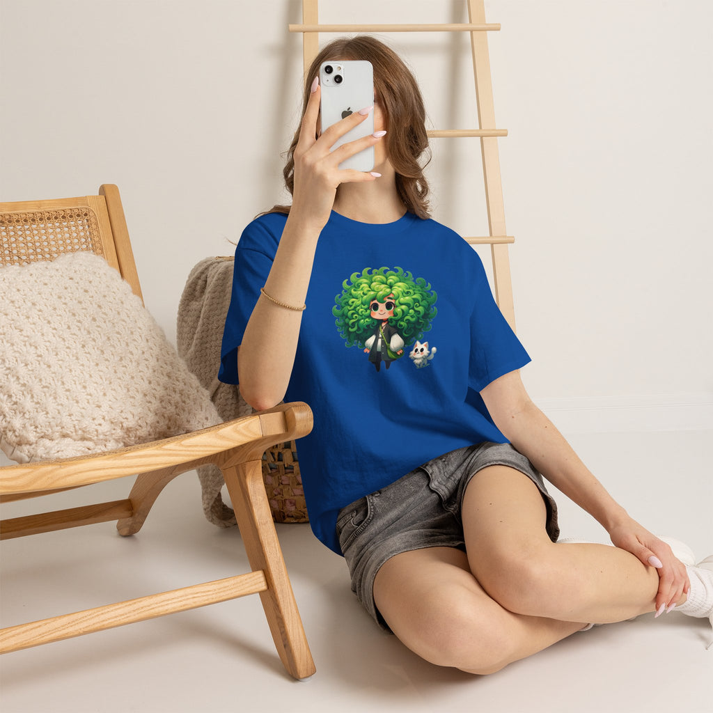 Cute Chibi Character T-Shirt | Big Green Hair Girl with Cat | Kawaii Anime Art Tee | Unisex | Green Curly Hair Girl Tee | Cute Cartoon Girl