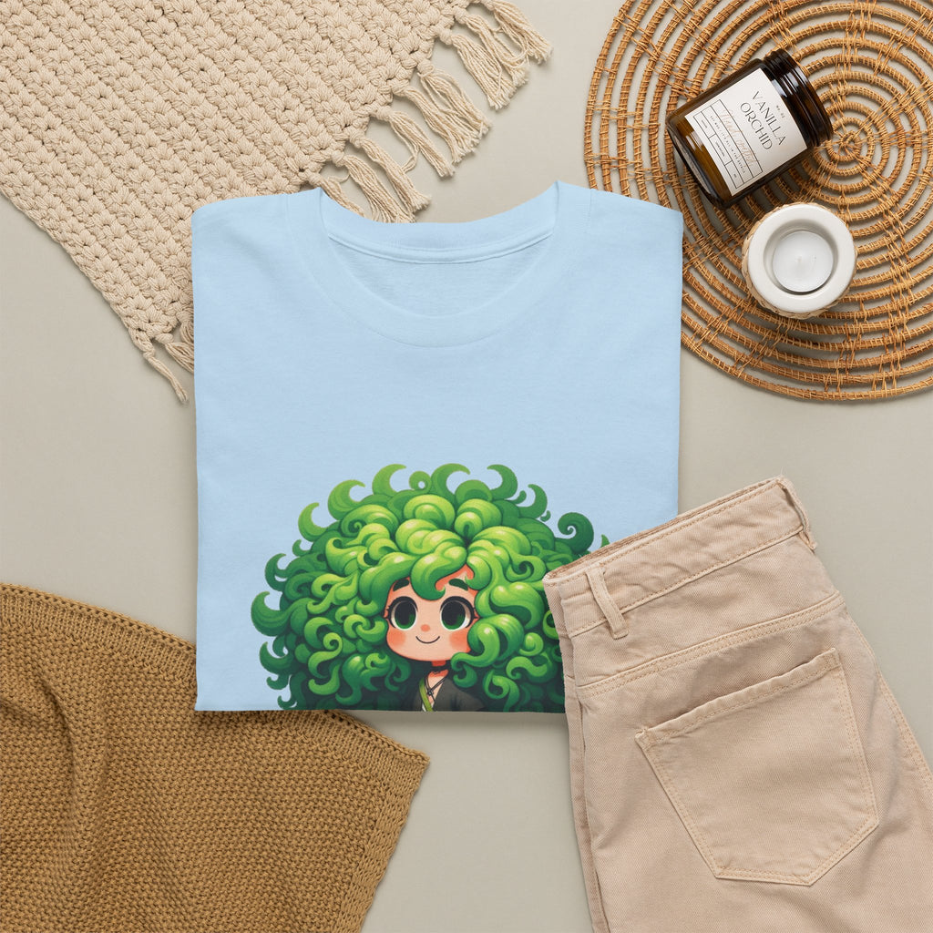 Cute Chibi Character T-Shirt | Big Green Hair Girl with Cat | Kawaii Anime Art Tee | Unisex | Green Curly Hair Girl Tee | Cute Cartoon Girl