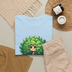 Cute Chibi Character T-Shirt | Big Green Hair Girl with Cat | Kawaii Anime Art Tee | Unisex | Green Curly Hair Girl Tee | Cute Cartoon Girl