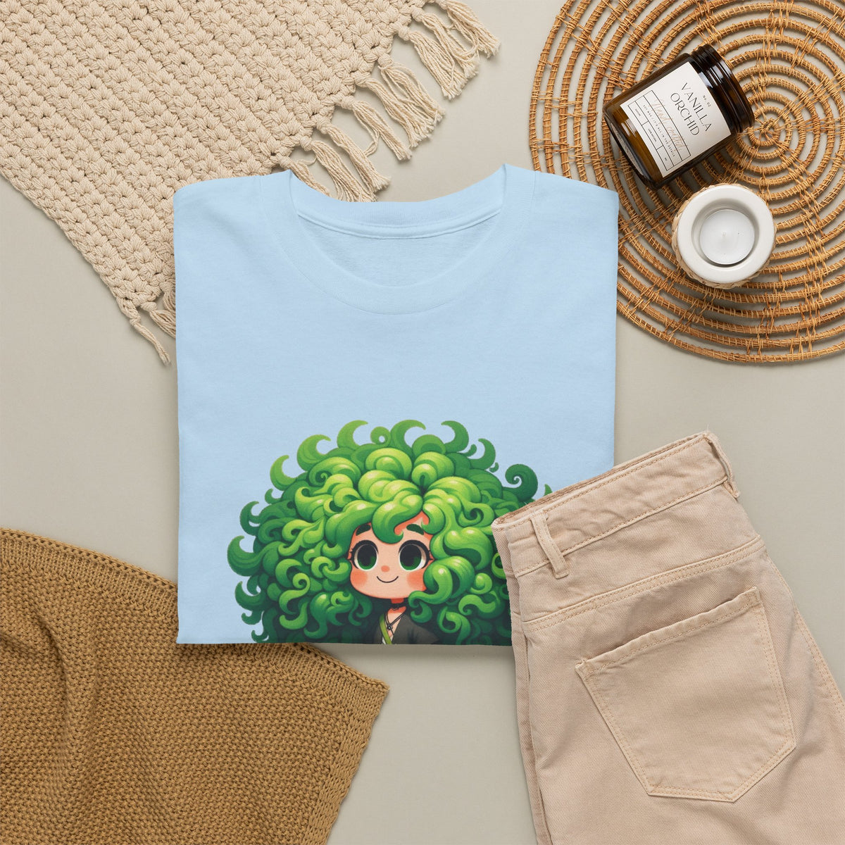 Cute Chibi Character T-Shirt | Big Green Hair Girl with Cat | Kawaii Anime Art Tee | Unisex | Green Curly Hair Girl Tee | Cute Cartoon Girl
