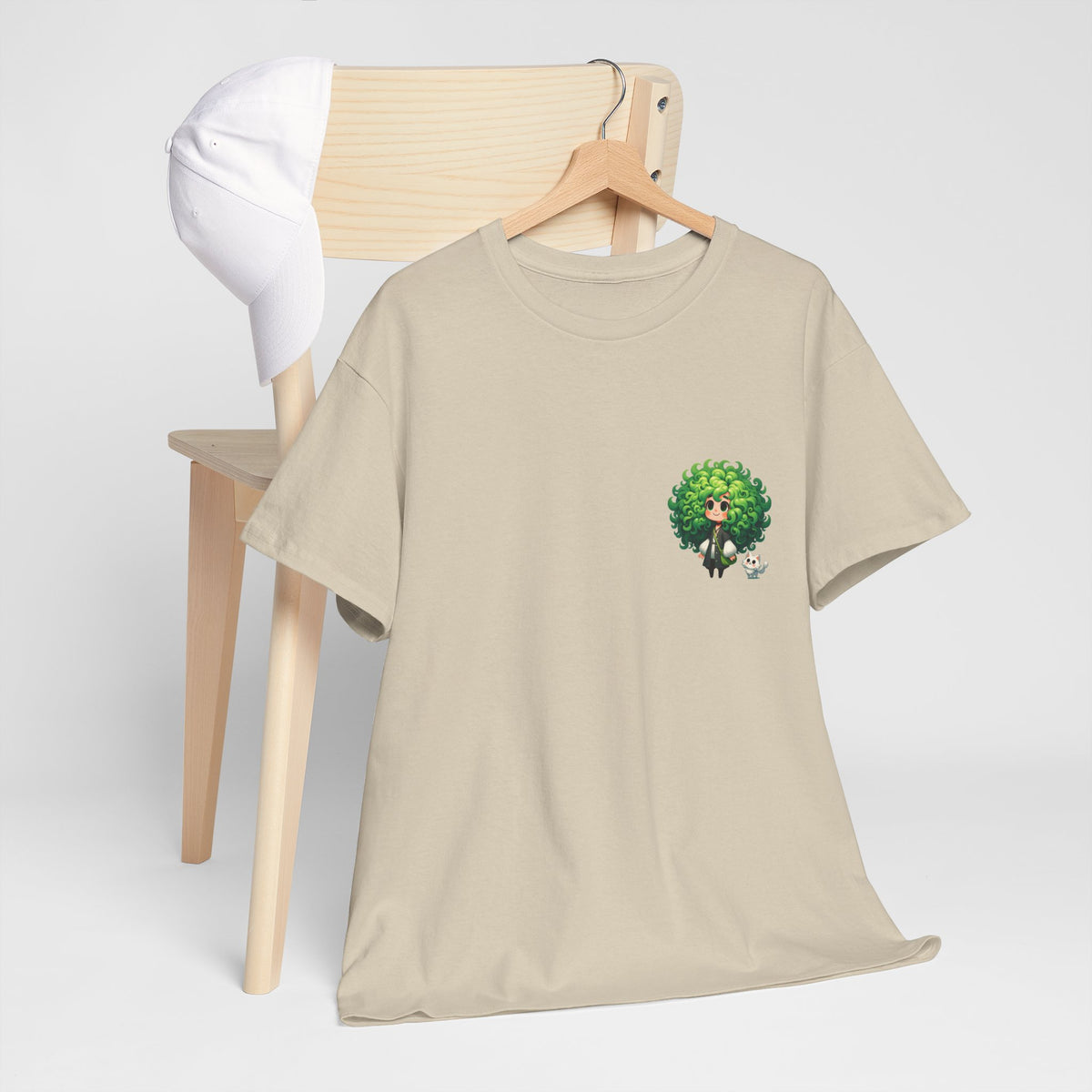 Cute Chibi Character T-Shirt | Big Green Hair Girl with Cat | Kawaii Anime Art Tee | Unisex | Green Curly Hair Girl Tee | Cute Cartoon Girl