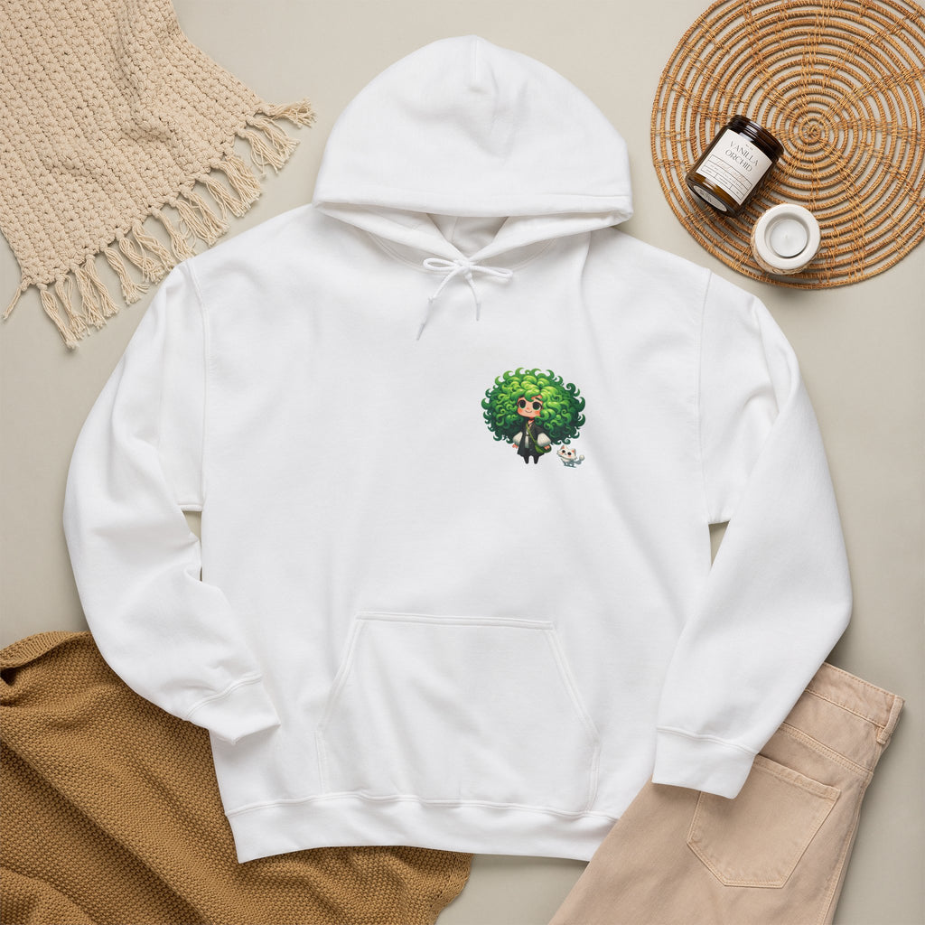Green Hair Chibi Girl | Cute Anime Character | Kawaii Cat Companion Graphic | Unisex | Green Curly-Head Character Hooded