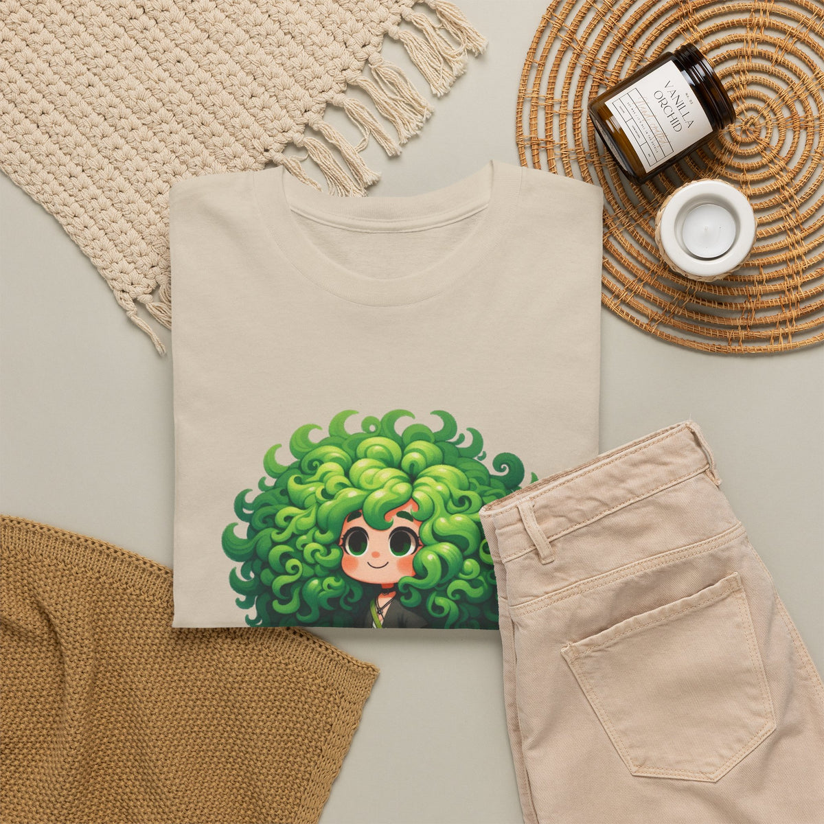 Cute Chibi Character T-Shirt | Big Green Hair Girl with Cat | Kawaii Anime Art Tee | Unisex | Green Curly Hair Girl Tee | Cute Cartoon Girl