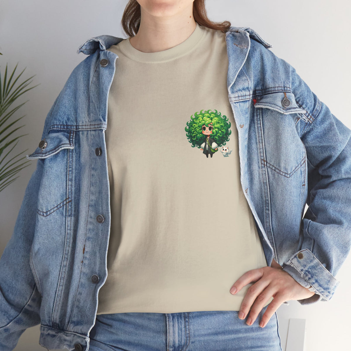 Cute Chibi Character T-Shirt | Big Green Hair Girl with Cat | Kawaii Anime Art Tee | Unisex | Green Curly Hair Girl Tee | Cute Cartoon Girl