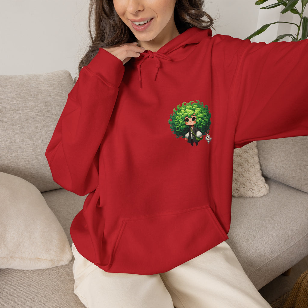 Green Hair Chibi Girl | Cute Anime Character | Kawaii Cat Companion Graphic | Unisex | Green Curly-Head Character Hooded