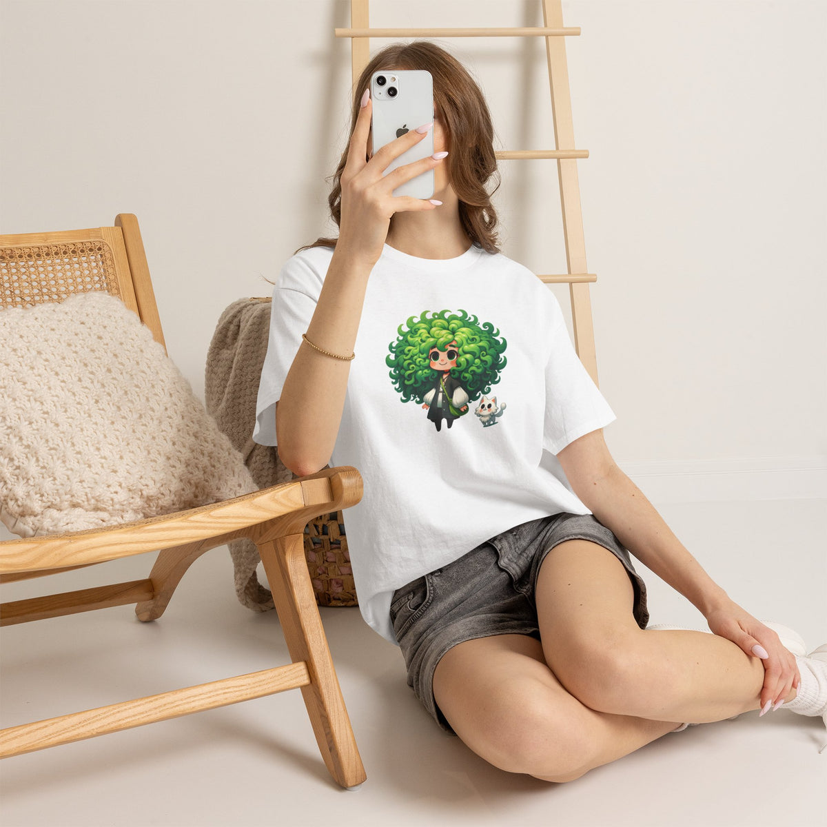 Cute Chibi Character T-Shirt | Big Green Hair Girl with Cat | Kawaii Anime Art Tee | Unisex | Green Curly Hair Girl Tee | Cute Cartoon Girl