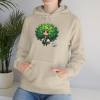 Green Hair Chibi Girl | Cute Anime Character | Kawaii Cat Companion Graphic | Unisex | Green Curly-Head Character Hooded