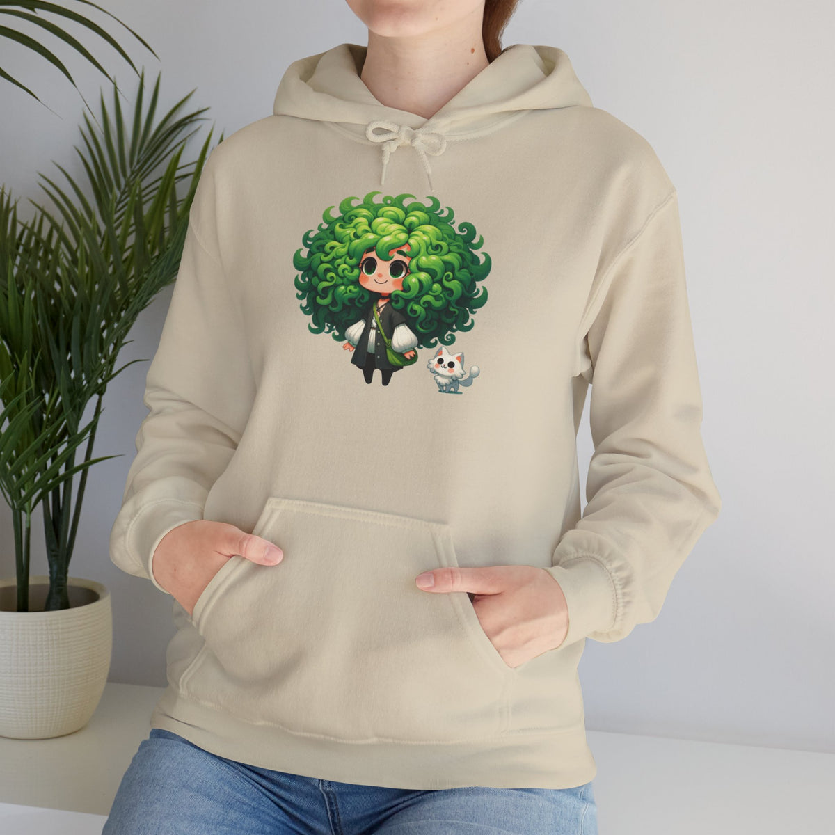 Green Hair Chibi Girl | Cute Anime Character | Kawaii Cat Companion Graphic | Unisex | Green Curly-Head Character Hooded
