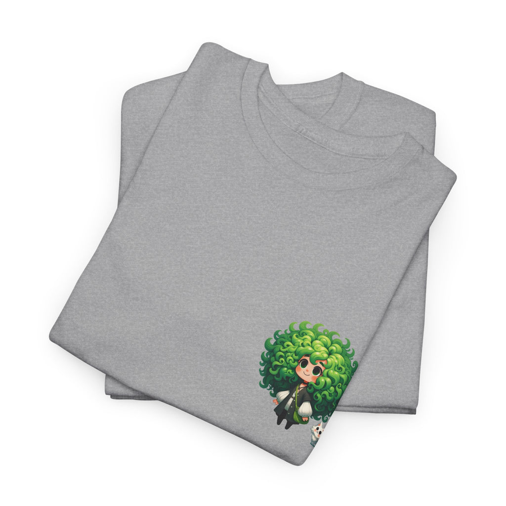 Cute Chibi Character T-Shirt | Big Green Hair Girl with Cat | Kawaii Anime Art Tee | Unisex | Green Curly Hair Girl Tee | Cute Cartoon Girl