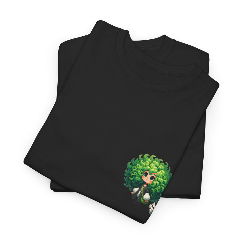 Cute Chibi Character T-Shirt | Big Green Hair Girl with Cat | Kawaii Anime Art Tee | Unisex | Green Curly Hair Girl Tee | Cute Cartoon Girl