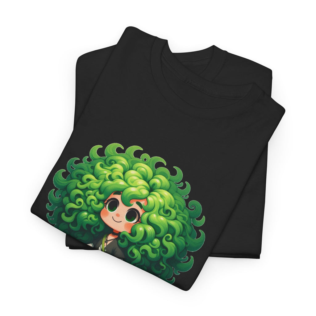 Cute Chibi Character T-Shirt | Big Green Hair Girl with Cat | Kawaii Anime Art Tee | Unisex | Green Curly Hair Girl Tee | Cute Cartoon Girl