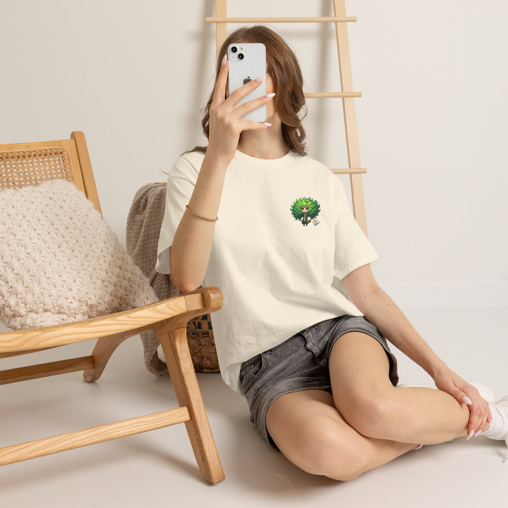 Cute Chibi Character T-Shirt | Big Green Hair Girl with Cat | Kawaii Anime Art Tee | Unisex | Green Curly Hair Girl Tee | Cute Cartoon Girl
