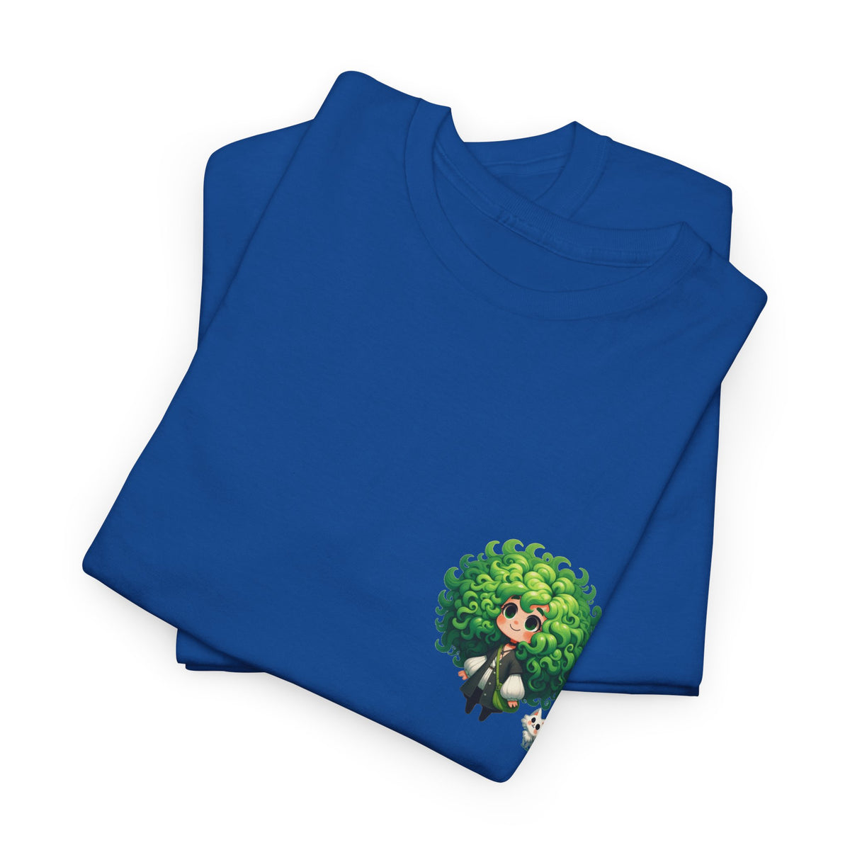 Cute Chibi Character T-Shirt | Big Green Hair Girl with Cat | Kawaii Anime Art Tee | Unisex | Green Curly Hair Girl Tee | Cute Cartoon Girl
