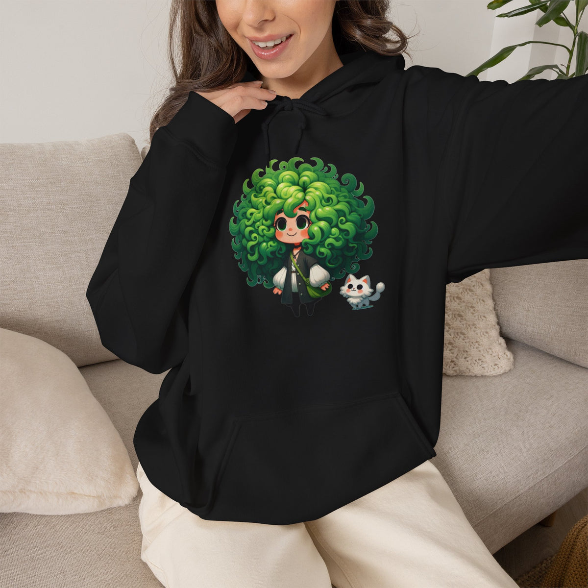 Green Hair Chibi Girl | Cute Anime Character | Kawaii Cat Companion Graphic | Unisex | Green Curly-Head Character Hooded