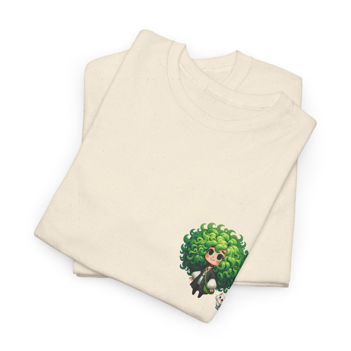 Cute Chibi Character T-Shirt | Big Green Hair Girl with Cat | Kawaii Anime Art Tee | Unisex | Green Curly Hair Girl Tee | Cute Cartoon Girl