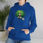 Green Hair Chibi Girl | Cute Anime Character | Kawaii Cat Companion Graphic | Unisex | Green Curly-Head Character Hooded