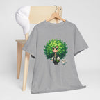 Cute Chibi Character T-Shirt | Big Green Hair Girl with Cat | Kawaii Anime Art Tee | Unisex | Green Curly Hair Girl Tee | Cute Cartoon Girl