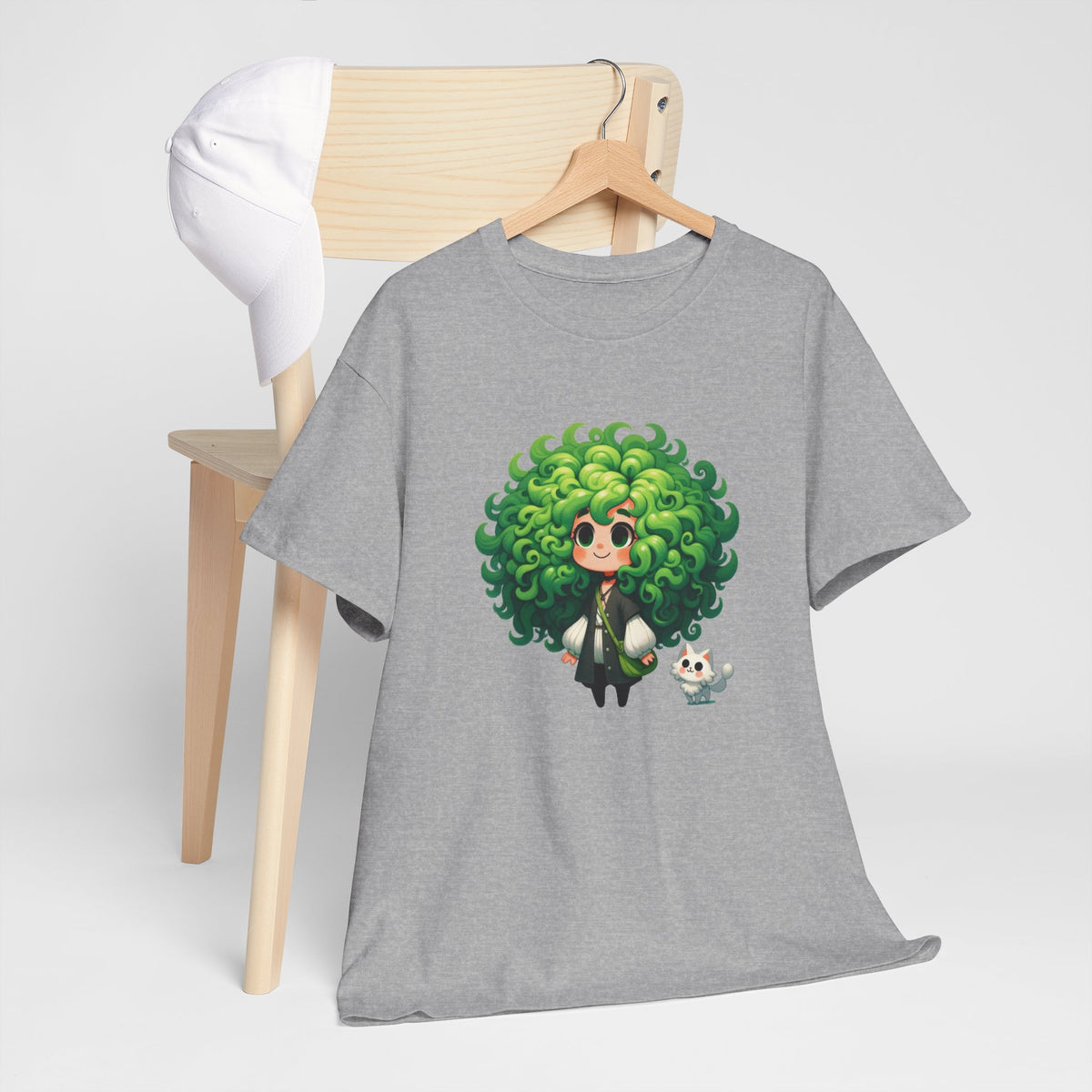 Cute Chibi Character T-Shirt | Big Green Hair Girl with Cat | Kawaii Anime Art Tee | Unisex | Green Curly Hair Girl Tee | Cute Cartoon Girl