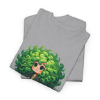 Cute Chibi Character T-Shirt | Big Green Hair Girl with Cat | Kawaii Anime Art Tee | Unisex | Green Curly Hair Girl Tee | Cute Cartoon Girl
