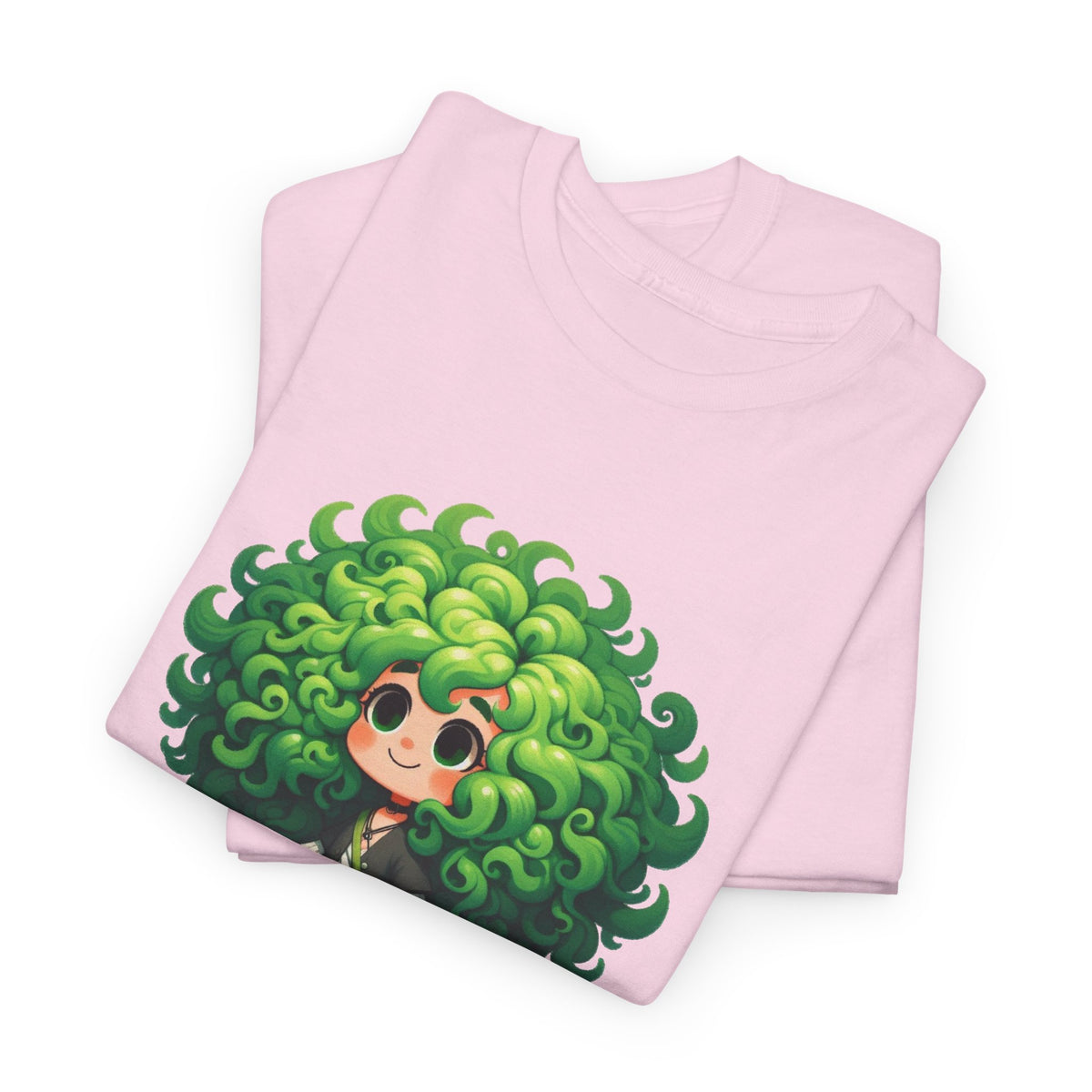 Cute Chibi Character T-Shirt | Big Green Hair Girl with Cat | Kawaii Anime Art Tee | Unisex | Green Curly Hair Girl Tee | Cute Cartoon Girl