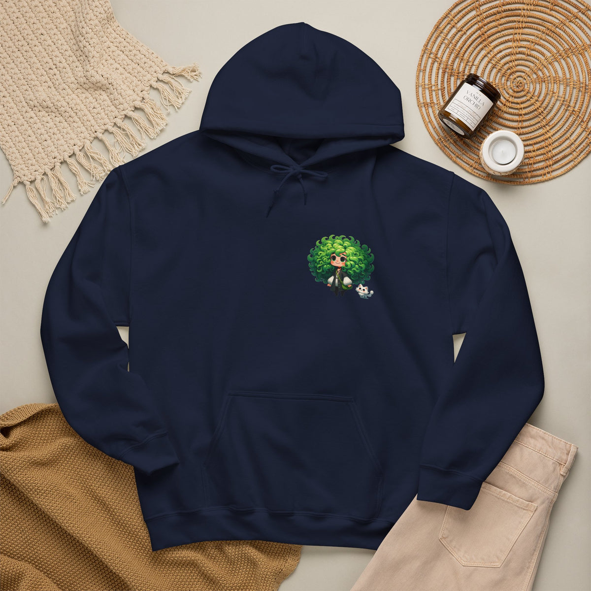 Green Hair Chibi Girl | Cute Anime Character | Kawaii Cat Companion Graphic | Unisex | Green Curly-Head Character Hooded