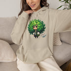 Green Hair Chibi Girl | Cute Anime Character | Kawaii Cat Companion Graphic | Unisex | Green Curly-Head Character Hooded