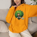 Green Hair Chibi Girl | Cute Anime Character | Kawaii Cat Companion Graphic | Unisex | Green Curly-Head Character Hooded