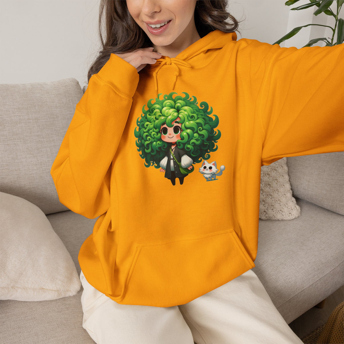 Green Hair Chibi Girl | Cute Anime Character | Kawaii Cat Companion Graphic | Unisex | Green Curly-Head Character Hooded
