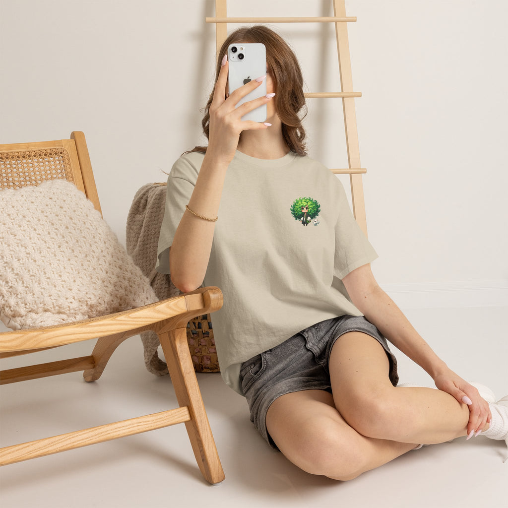 Cute Chibi Character T-Shirt | Big Green Hair Girl with Cat | Kawaii Anime Art Tee | Unisex | Green Curly Hair Girl Tee | Cute Cartoon Girl