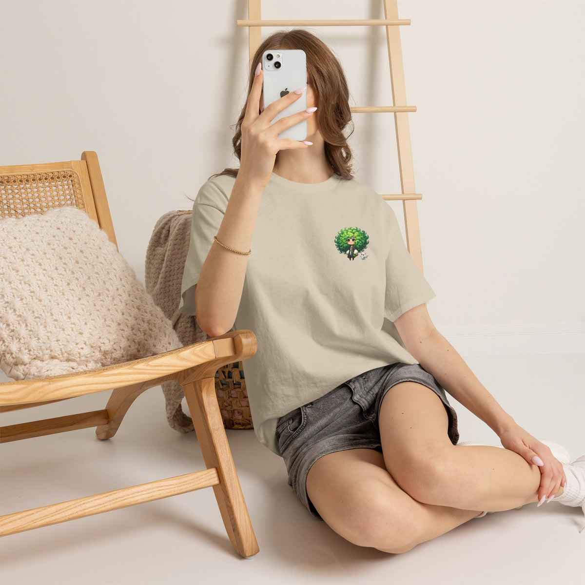 Cute Chibi Character T-Shirt | Big Green Hair Girl with Cat | Kawaii Anime Art Tee | Unisex | Green Curly Hair Girl Tee | Cute Cartoon Girl