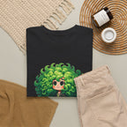 Cute Chibi Character T-Shirt | Big Green Hair Girl with Cat | Kawaii Anime Art Tee | Unisex | Green Curly Hair Girl Tee | Cute Cartoon Girl