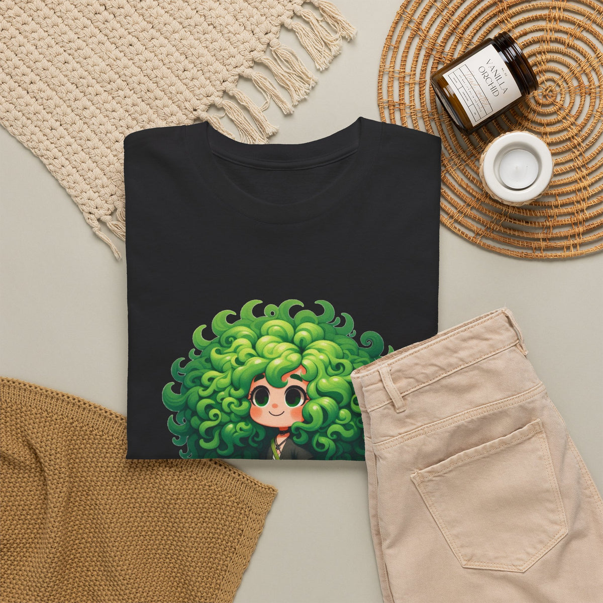 Cute Chibi Character T-Shirt | Big Green Hair Girl with Cat | Kawaii Anime Art Tee | Unisex | Green Curly Hair Girl Tee | Cute Cartoon Girl