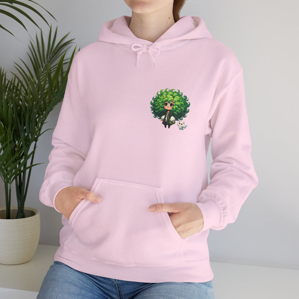 Green Hair Chibi Girl | Cute Anime Character | Kawaii Cat Companion Graphic | Unisex | Green Curly-Head Character Hooded