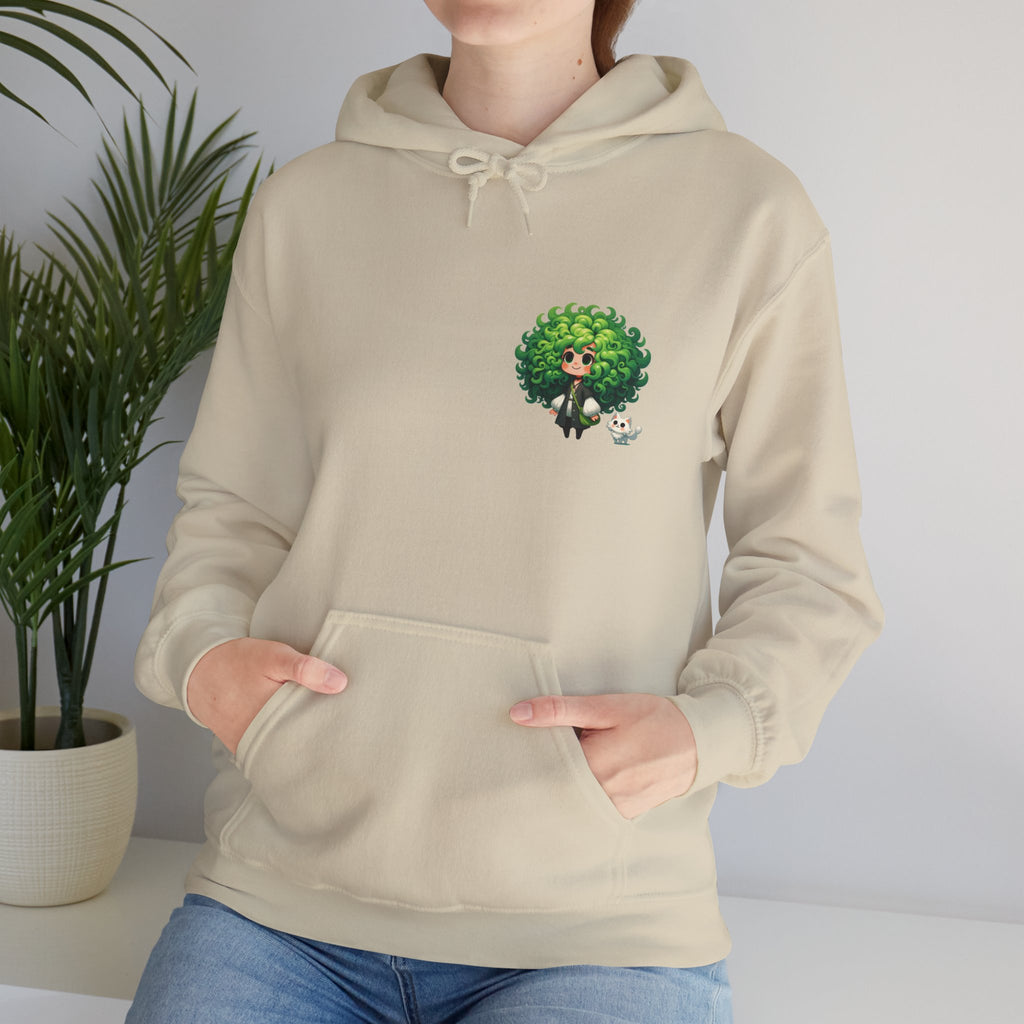 Green Hair Chibi Girl | Cute Anime Character | Kawaii Cat Companion Graphic | Unisex | Green Curly-Head Character Hooded