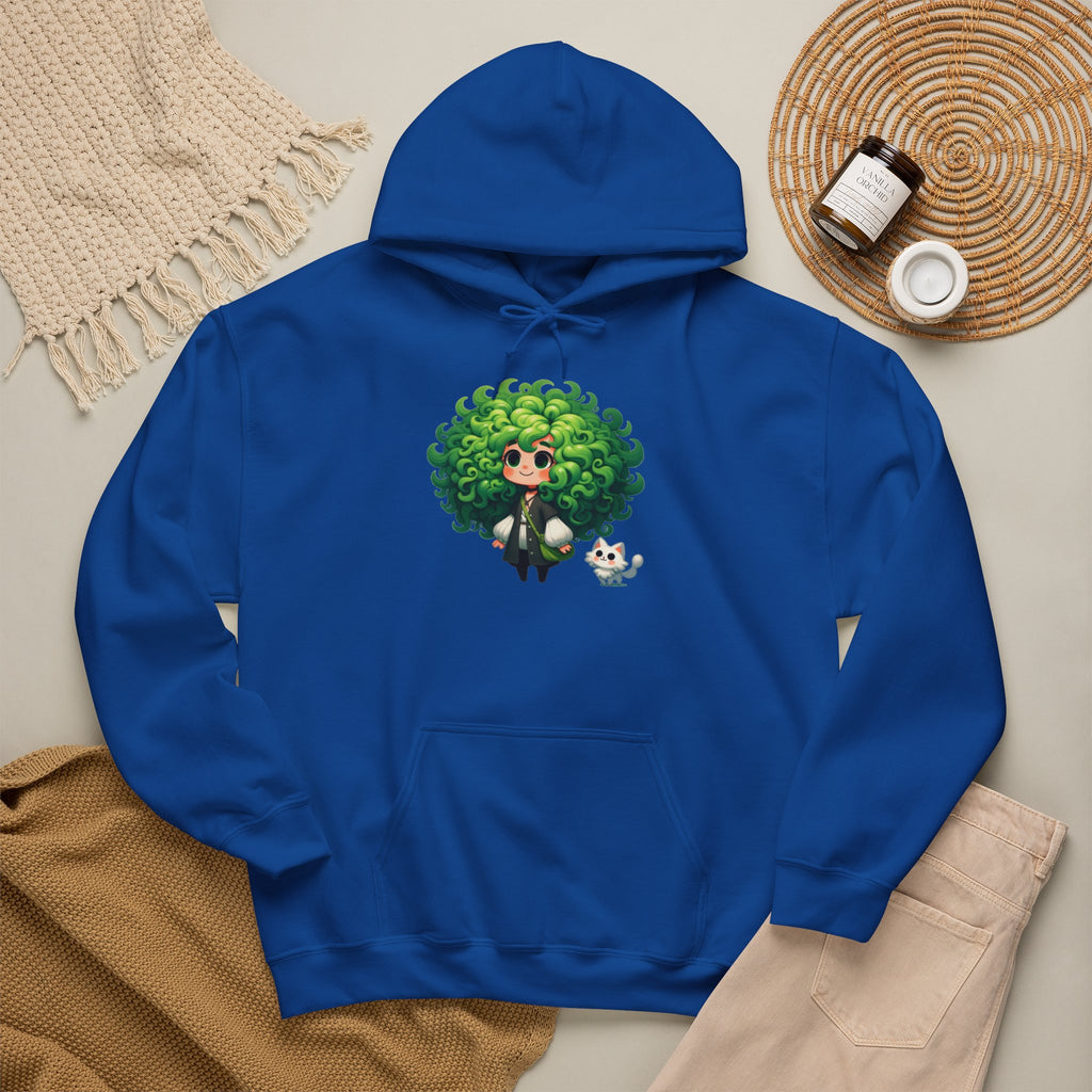 Green Hair Chibi Girl | Cute Anime Character | Kawaii Cat Companion Graphic | Unisex | Green Curly-Head Character Hooded